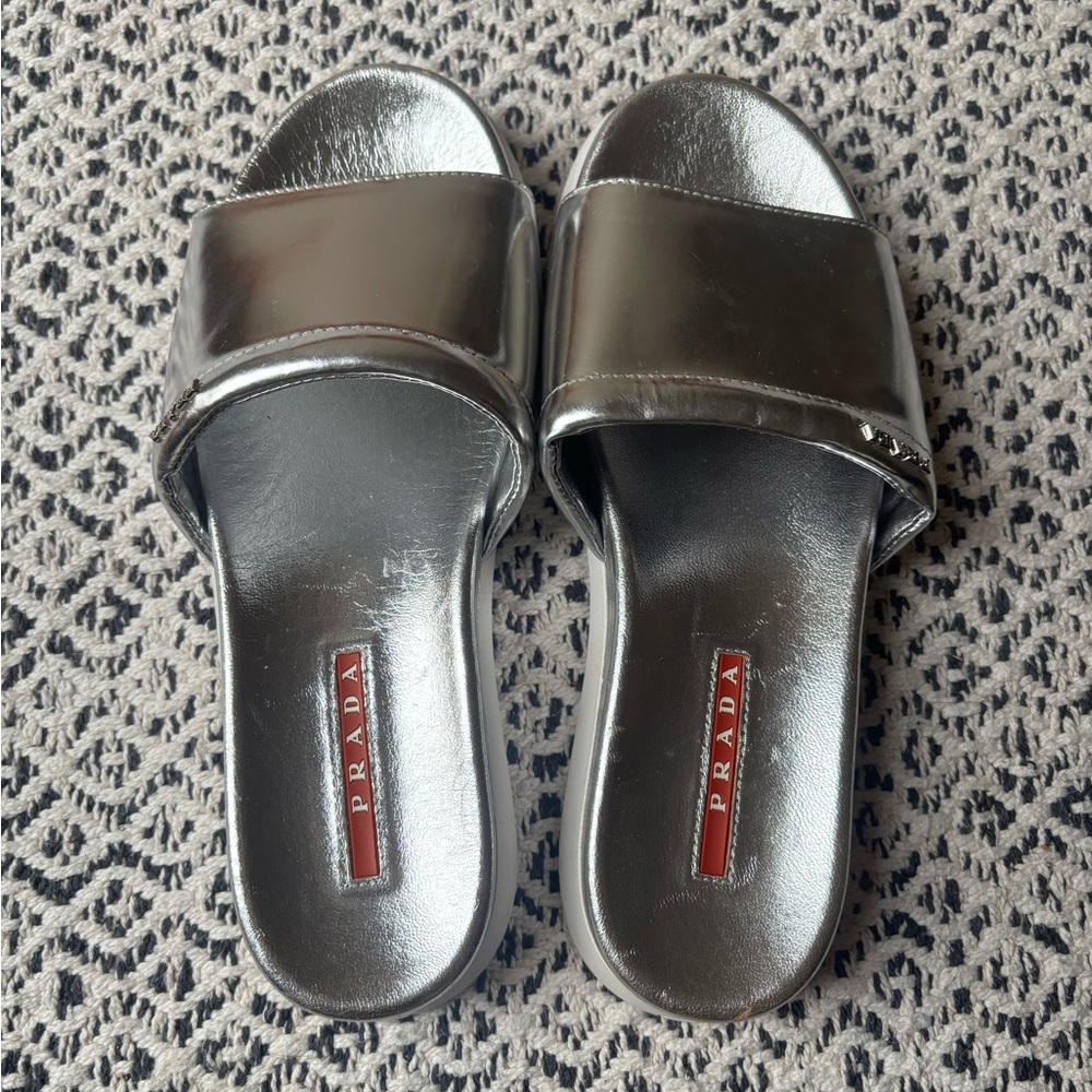 Prada Sport Silver Slide Sandals